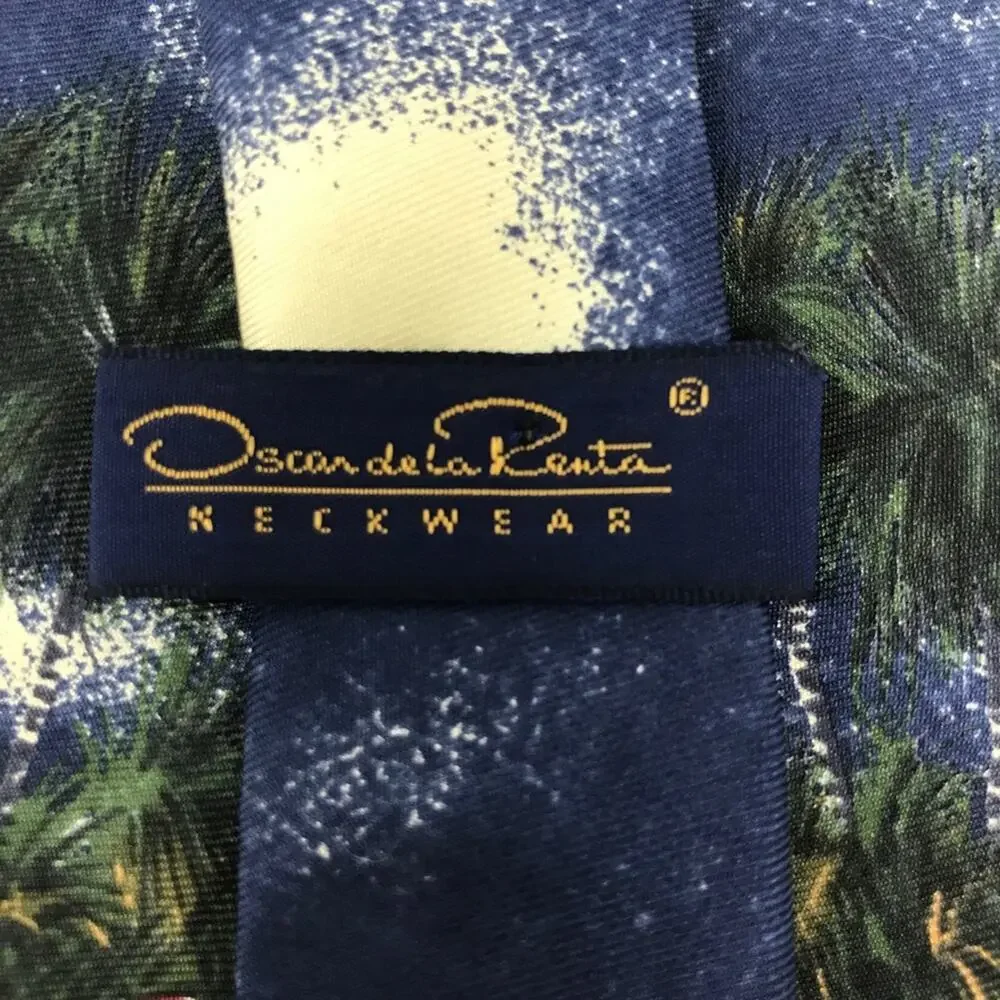 Oscar de la Renta Neckwear Silk Tie-Beach Scene, Plumeria, Boats, Palms